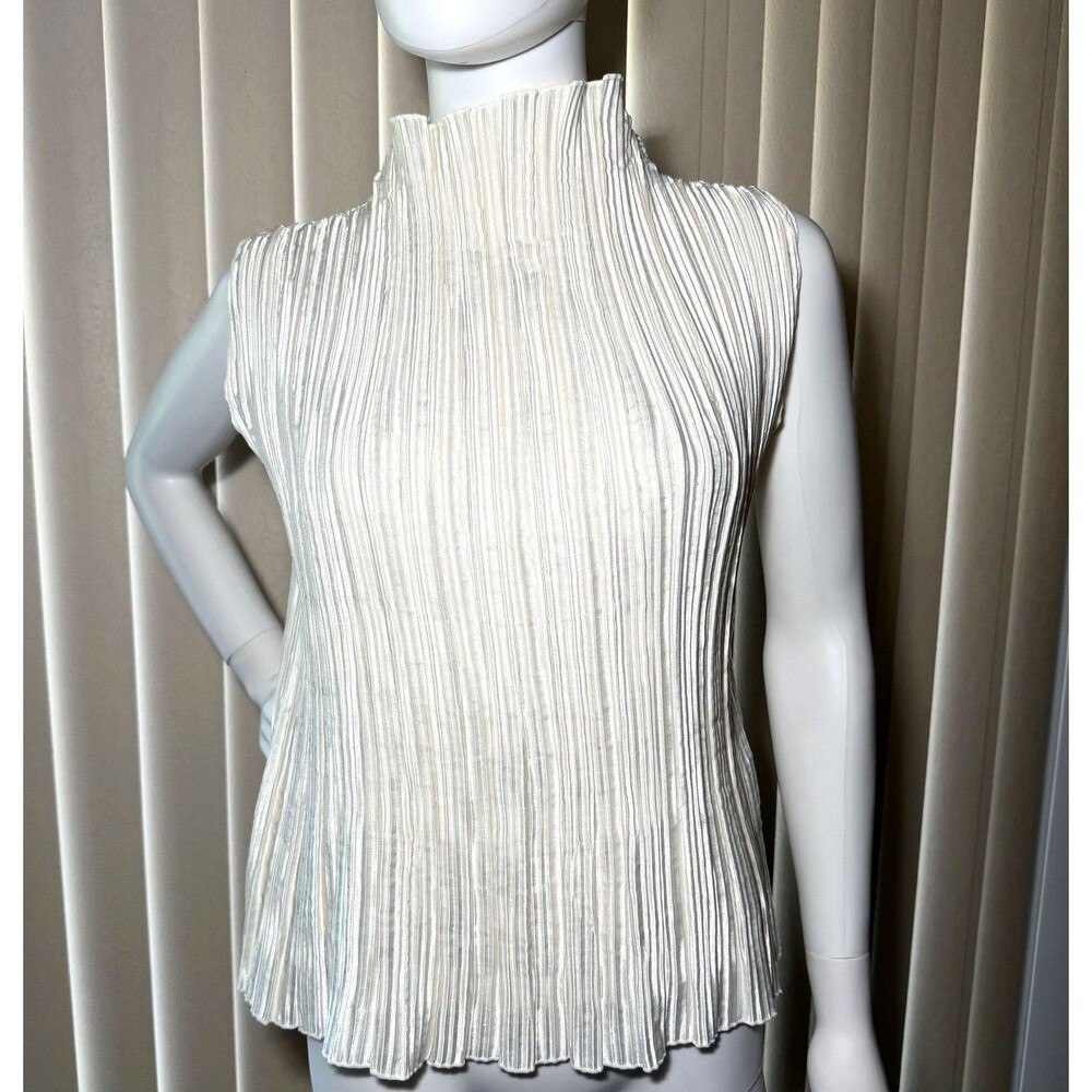Cinema Etoile Ivory Plisse Pleated Mock Neck Sleeveless Top Small Made USA